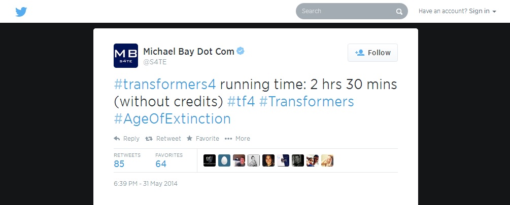 Transformers News: Michael Bay Confirms AoE's Runtime Via Twitter