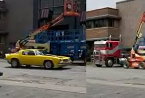 Transformers News: Optimus Prime's Truck And Bumblebee's Camaro for Transformers Rise of the Beasts Spotted in Montreal