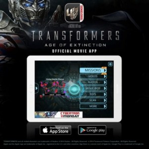 Transformers News: Advertisement for Transformers: Age of Extinction movie app, available now on iOS and Android