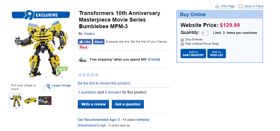 Transformers News: Transformers Movie Masterpiece MPM3 Bumblebee Listing Up on Toysrus.ca and Found at Retail