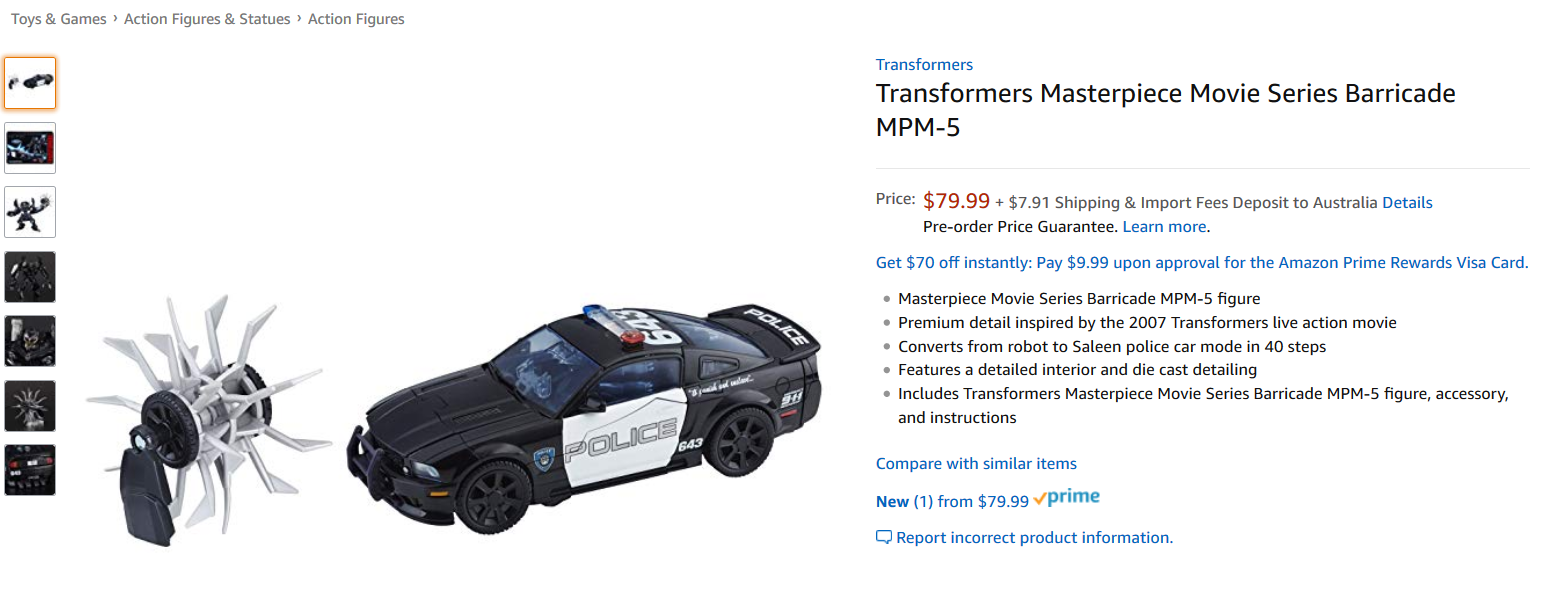 Transformers News: Transformers Movie Masterpiece MPM-5 Barricade Available for Pre-Order on Amazon