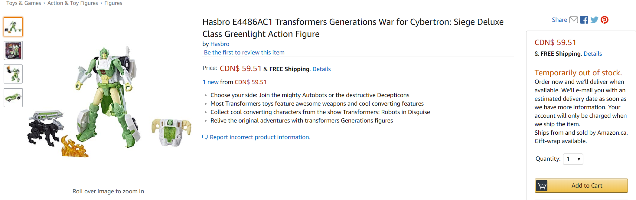 Transformers News: Transformers Siege Greenlight up for Preorder on Amazon.ca for High Price