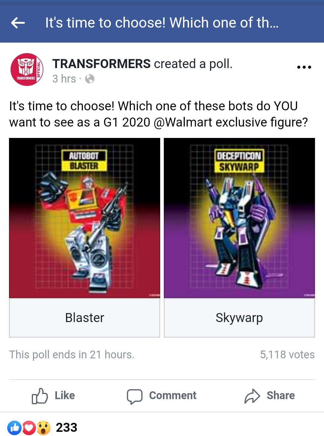 Transformers News: New Poll To Decide Next Walmart G1 Reissue Exclusive for 2020