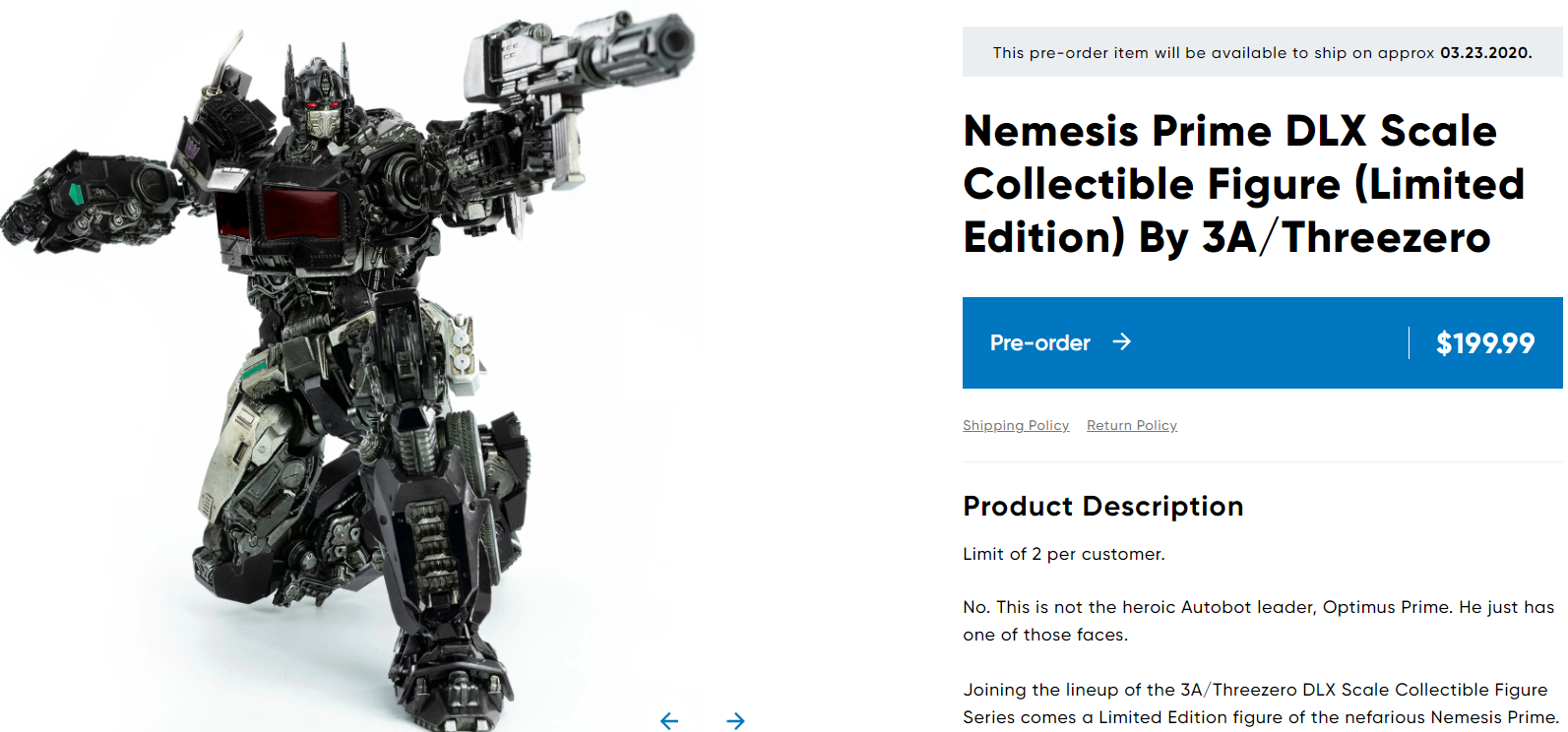 Transformers News: Limited Edition 3A BB Nemesis Prime up for preorder on Hasbro Pulse with stock photos