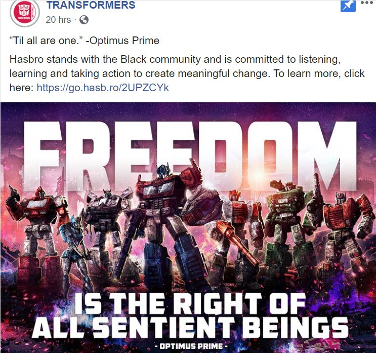 Transformers News: Hasbro Stands with the Black Community in a Transformers Themed Post on their Social Media